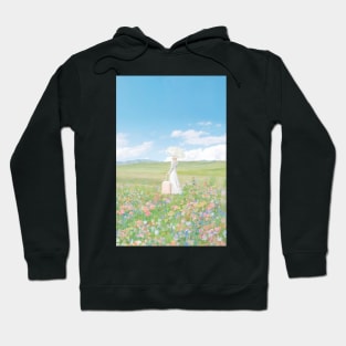 woman in a flower field with umbrella and suitcase Hoodie